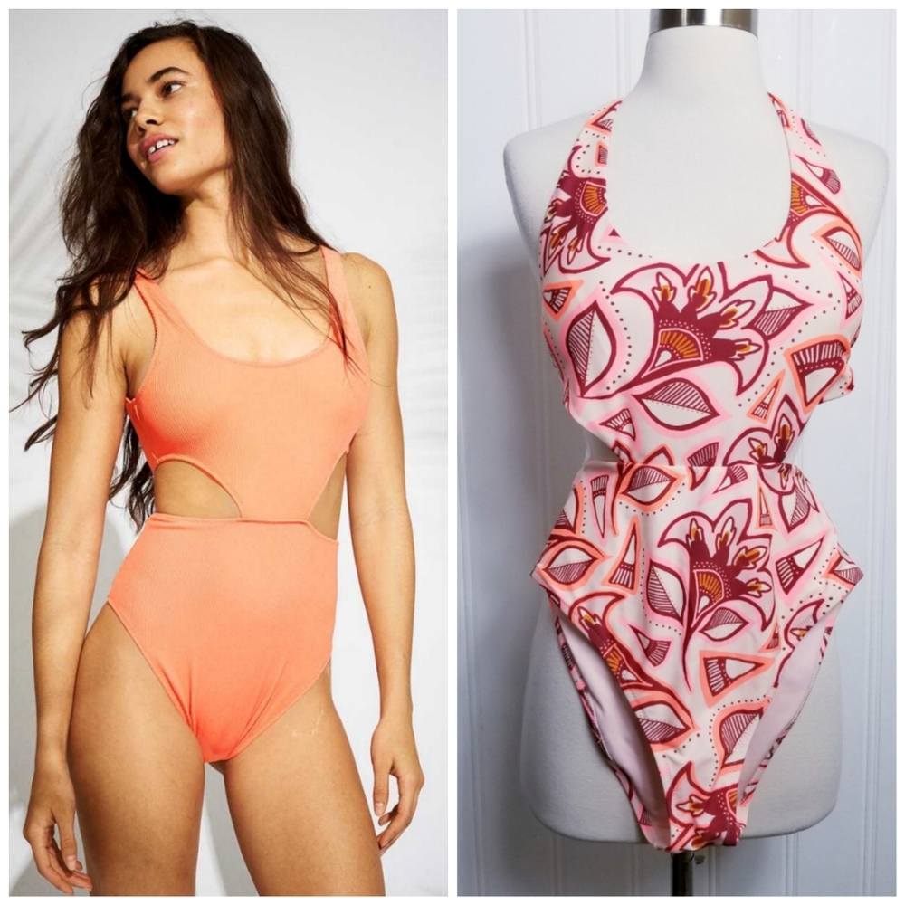 Aerie Floral Neon Cutout Halter One Piece Swimsuit M High Cut Tie Back